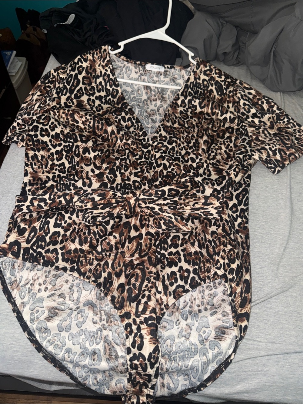 Persaya Leopard-Print V-Neck Short Sleeve Bodysuit in Brown and Black